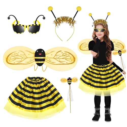 IWTBNOA Bienenkostüm Kinder, 5 Stück Bienen Kostüm Kind, Hummel Kostüm Biene, Bienen Kostüm Zubehör mit Haarreif, Flügel, Rock, Zauberstab, Brille, Marienkäfer Kostüm, Karneval Faschingskostüm Biene von IWTBNOA