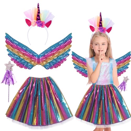 IWTBNOA 4 Stück Einhorn Kostüm Prinzessin Set, Einhorn Kostüm Kinder, Einhorn Haarreif Flügel Zauberstab mit Regenbogen Tutu Rock, Kostüm Einhorn Mädchen für Karneval, Rollenspiele, Kindergeburtstag von IWTBNOA