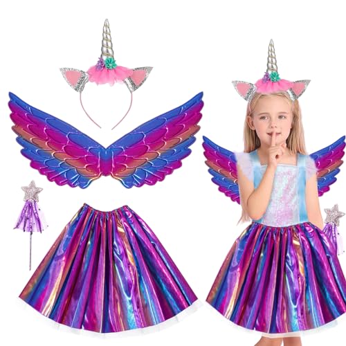 IWTBNOA 4 Stück Einhorn Kostüm Prinzessin Set, Einhorn Kostüm Kinder, Einhorn Haarreif Flügel Zauberstab mit Regenbogen Tutu Rock, Kostüm Einhorn Mädchen für Karneval, Rollenspiele, Kindergeburtstag von IWTBNOA