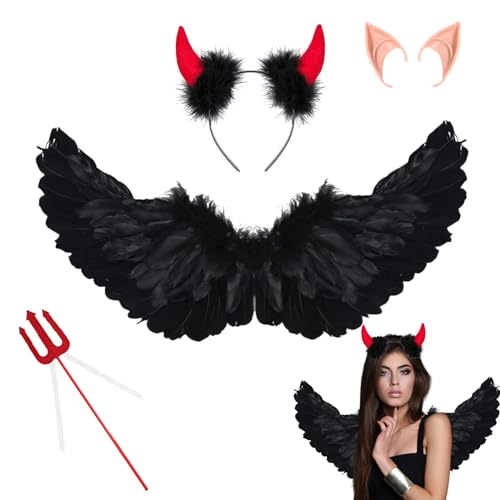 IWTBNOA Engels Flügel Kostüm, 60cm Engelsflügel Schwarz, Federflügel Engel mit Teufelshörner, Heugabel Teufel und Elfenohren, Kostümparty Verkleidung, Cosplay Kostüme Party für Halloween Karneval IWTBNOA Engels Flügel Kostüm, 60cm Engelsflügel Schwarz, Federflügel Engel mit Teufelshörner, Heugabel Teufel und Elfenohren, Kostümparty Verkleidung, Cosplay Kostüme Party für Halloween Karneval von IWTBNOA