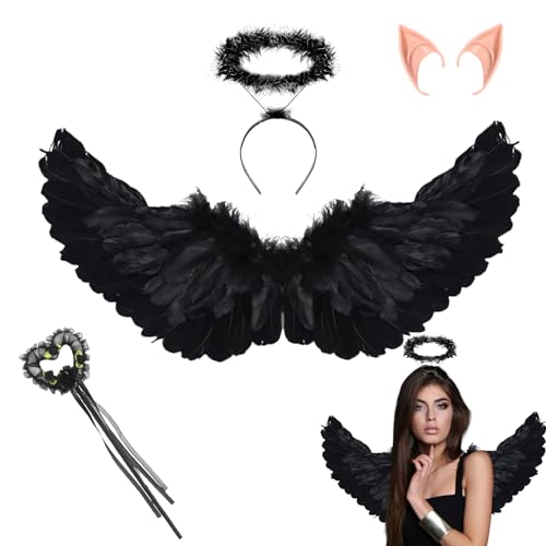 IWTBNOA Engels Flügel Kostüm, 60cm Engelsflügel Schwarz, Federflügel Engel mit Heugabel Teufel, Heugabel Teufel und Elfenohren, Kostümparty Verkleidung, Cosplay Kostüme Party für Halloween Karneval von IWTBNOA