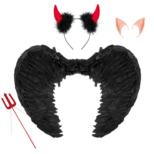 IWTBNOA Engels Flügel Kostüm, Engelsflügel Schwarz, Federflügel Engel mit Teufelshörner, Heugabel Teufel und Elfenohren, Kostümparty Verkleidung, Cosplay Kostüme Party für Halloween Karneval IWTBNOA Engels Flügel Kostüm, Engelsflügel Schwarz, Federflügel Engel mit Teufelshörner, Heugabel Teufel und Elfenohren, Kostümparty Verkleidung, Cosplay Kostüme Party für Halloween Karneval von IWTBNOA