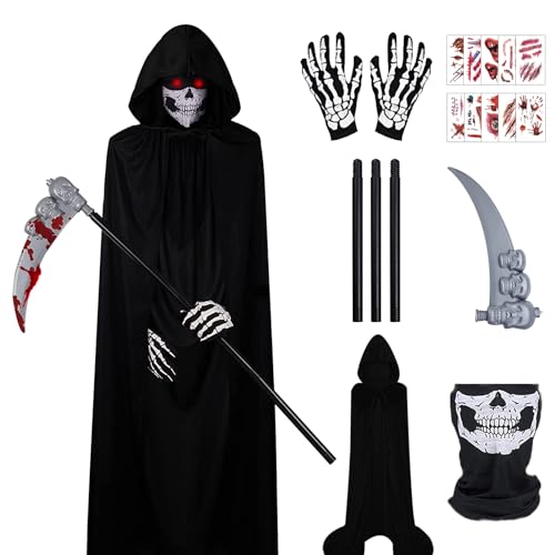 IWTBNOA Sensenmann Kostüm, Halloween Kostüm Set mit Schädelmaske, Sense, Skelett Handschuhe, Halloween Umhang Erwachsene, Sensenmann Umhang mit Kapuze, Vampir Umhang, Halloween Dekoration Cosplay IWTBNOA Sensenmann Kostüm, Halloween Kostüm Set mit Schädelmaske, Sense, Skelett Handschuhe, Halloween Umhang Erwachsene, Sensenmann Umhang mit Kapuze, Vampir Umhang, Halloween Dekoration Cosplay von IWTBNOA