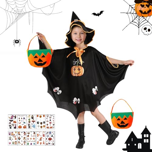 IWTBNOA Halloween kostüm Kinder, Fledermaus Umhang Kostüm mit Hut, Candy Bag und 10 Tattoo-Aufkleber, Kürbis Kostüm Mädchen für Halloween, Cosplay, Fasching, Karneval, Themenparty(Höhe 90-150cm) von IWTBNOA