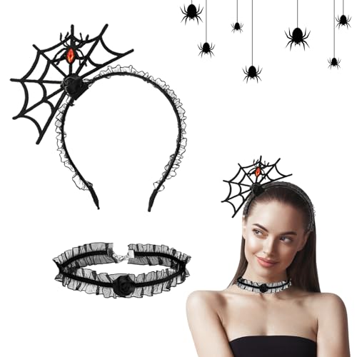 IWTBNOA Halloween Spinnen Netz Haarreifen, Halloween Haarreifen, Spinne Haarreif mit Halsketten, Halloween Spinne Haarband, Halloween Kostüm Accessoire für Frauen Halloween Fasching Party Cosplay von IWTBNOA