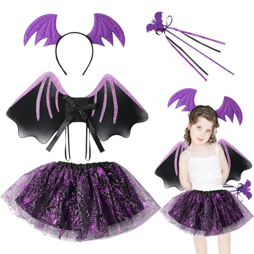 IWTBNOA Halloween Kostüm Kinder Fledermaus, 4 Pcs Fledermaus Kostüm Kinder, Halloween Kostüm Kinder Mädchen, Fledermaus Tutu, Flügel, Zauberstab, Tiara, Spinne Karneval Kostüm für Themenparty Cosplay von IWTBNOA