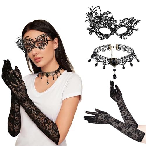 IWTBNOA Halloween Steampunk Damen Zubehör, 3 PCS Halloween Gotisch Schmuck Set, Retro Gothic Damen Halsband, Schwarz Spitze Maske, Lange Spitzen Handschuhe für Halloween Karneval Kostüm Cosplay IWTBNOA Halloween Steampunk Damen Zubehör, 3 PCS Halloween Gotisch Schmuck Set, Retro Gothic Damen Halsband, Schwarz Spitze Maske, Lange Spitzen Handschuhe für Halloween Karneval Kostüm Cosplay von IWTBNOA