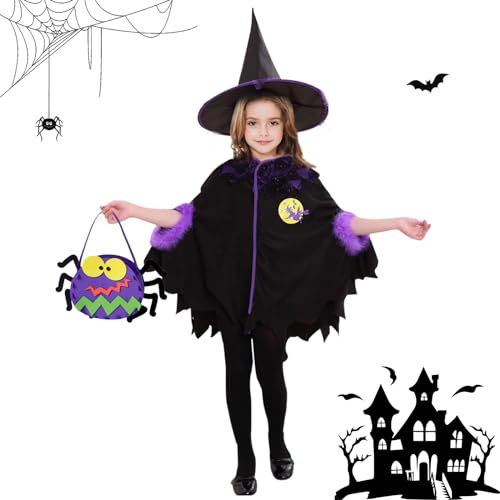 IWTBNOA Hexenkostüm Kinder Mädchen, Halloween Umhang Mädchen, Lila-Schwarz Hexenkostüm Mädchen, Halloween Kostüm Kinder mit Halloween Tasche und Hexenhut, Mädchen Hexen Kostüm für Karneval IWTBNOA Hexenkostüm Kinder Mädchen, Halloween Umhang Mädchen, Lila-Schwarz Hexenkostüm Mädchen, Halloween Kostüm Kinder mit Halloween Tasche und Hexenhut, Mädchen Hexen Kostüm für Karneval von IWTBNOA