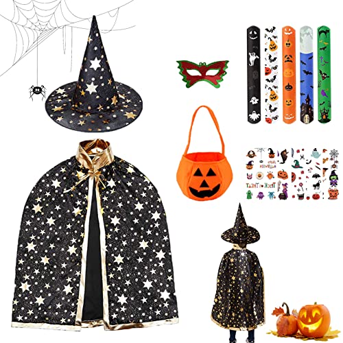 IWTBNOA Hexen Zauberer Umhang, Kinder Halloween Kostüm mit Hut, Wizard Cape Witch Umhang, Zauberer Mantel, Witch Umhang, Zauberer Cape mit Kürbis Candy Bag für Kinder Cosplay Halloween Karneval von IWTBNOA