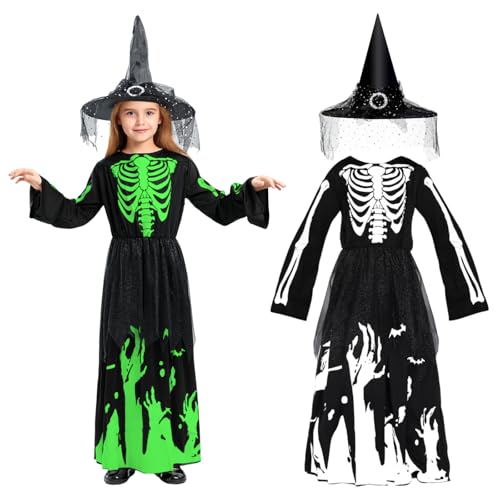 IWTBNOA Hexenkostüm Mädchen, Hexen Skelett Kostüm Kinder Leuchtend mit Hexenhut, Mädchen Kinder Lange Hexenkleid, Glow in the Dark Halloween Kostüm, Hexenkostüm für Karnevals Cosplay Dress Up Party IWTBNOA Hexenkostüm Mädchen, Hexen Skelett Kostüm Kinder Leuchtend mit Hexenhut, Mädchen Kinder Lange Hexenkleid, Glow in the Dark Halloween Kostüm, Hexenkostüm für Karnevals Cosplay Dress Up Party von IWTBNOA