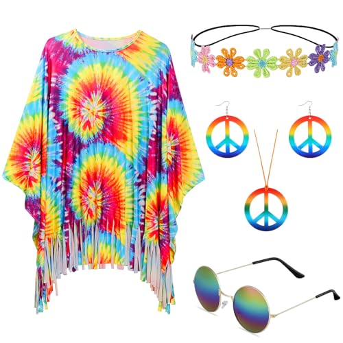 IWTBNOA Hippie Kostüm Damen Set mit Hippie Accessoires, Hippie Poncho, 60er 70er Jahre Bekleidung Damen, Kleidung Disco Outfit, Schlager Outfit Damen für Mottoparty Cosplay Karneval von IWTBNOA