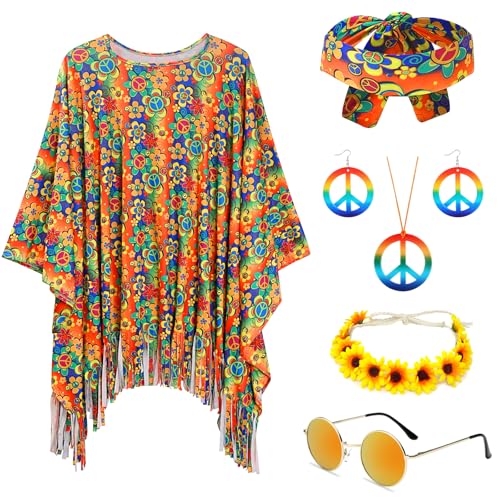IWTBNOA Hippie Kostüm Damen Set mit Hippie Accessoires, Hippie Poncho, 60er 70er Jahre Bekleidung Damen, Kleidung Disco Outfit, Schlager Outfit Damen für Mottoparty Cosplay Karneval von IWTBNOA