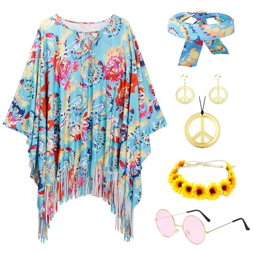 IWTBNOA Hippie Kostüm Damen Set mit Hippie Accessoires, Hippie Poncho, 60er 70er Jahre Bekleidung Damen, Kleidung Disco Outfit, Schlager Outfit Damen für Mottoparty Cosplay Karneval Fasching von IWTBNOA