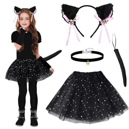 IWTBNOA Katze Kostüm Mädchen, 4 Stück Leoparden Kostüm Kinder, Katzen Cosplay Set, Leoparden Katzenohren Haarreif Schwanz Fliege Tutu Rock, Schwarz Katzenkostüm, Tierkostüm Set für Karneval Party IWTBNOA Katze Kostüm Mädchen, 4 Stück Leoparden Kostüm Kinder, Katzen Cosplay Set, Leoparden Katzenohren Haarreif Schwanz Fliege Tutu Rock, Schwarz Katzenkostüm, Tierkostüm Set für Karneval Party von IWTBNOA