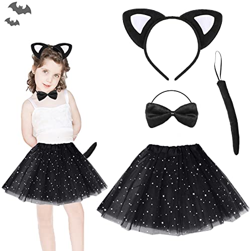 IWTBNOA Katze Kostüm Mädchen, 4 Stück Leoparden Kostüm Kinder, Katzen Cosplay Set, Leoparden Katzenohren Haarreif Schwanz Fliege Tutu Rock, Schwarz Katzenkostüm, Tierkostüm Set für Karneval Party von IWTBNOA