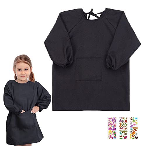 IWTBNOA Kinder Malkittel Schwarz, Kinderschürze mit Ärmel, Malschürze für Kinder, Kinder Kunst Kittel 7~11 Jahre Größe L (Körpergröße 120~140cm), Bastelschürze Kinder für Schule Malen Backen Kochen von IWTBNOA