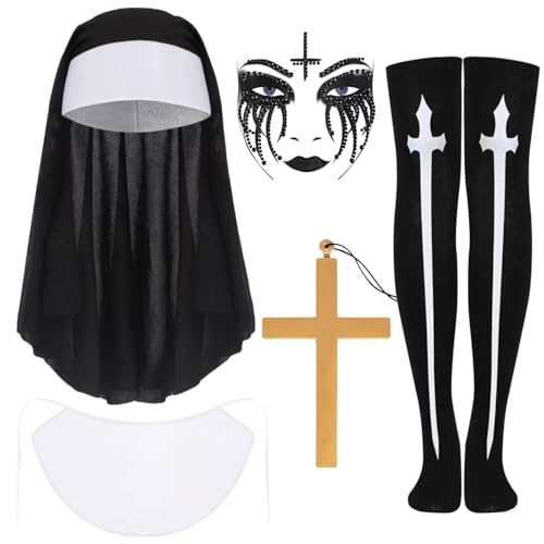 IWTBNOA Nonne Kostüm Damen, 6 Stück Kostüm Nonne Zubehör mit Nonne Kopfbedeckung, Kragen, Kreuzkette, Tattoo Glitzersteine Gesicht, Hohe Socken, Halloween kostüme Frauen für Cosplay Fasching IWTBNOA Nonne Kostüm Damen, 6 Stück Kostüm Nonne Zubehör mit Nonne Kopfbedeckung, Kragen, Kreuzkette, Tattoo Glitzersteine Gesicht, Hohe Socken, Halloween kostüme Frauen für Cosplay Fasching von IWTBNOA