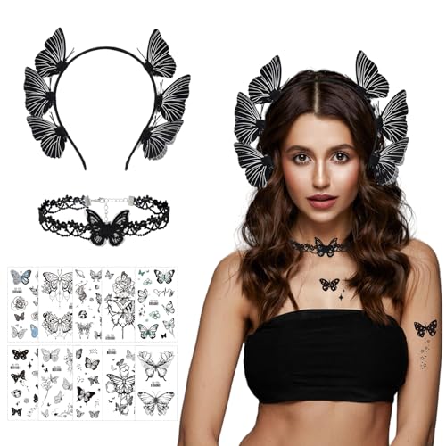 IWTBNOA Schmetterling Haarreif Damen, Schmetterling Fascinator Stirnband Haarband, Schmetterling Kopfschmuck mit 10 Stück Schmetterling Tattoo für Damen Mädchen Karneval Fasching Party Cosplay von IWTBNOA