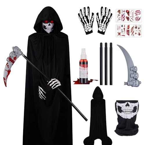 IWTBNOA Sensenmann Kostüm Set Mit Kapuze, Schädelmaske, Sense, Handschuhen und 10 Tattoo Aufkleber - Schwarz Umhang für Halloween Cosplay Erwachsene IWTBNOA Sensenmann Kostüm Set Mit Kapuze, Schädelmaske, Sense, Handschuhen und 10 Tattoo Aufkleber - Schwarz Umhang für Halloween Cosplay Erwachsene von IWTBNOA