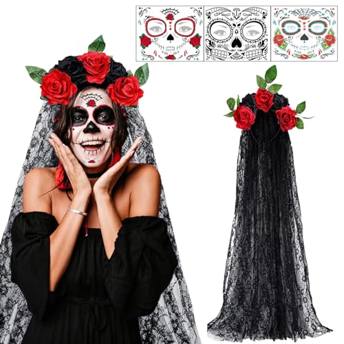 IWTBNOA Tag der Toten Haarreif Halloween, Halloween Schleier Haarband mit 3 PCS Gesicht Tattoos, Mexikanische Rose Stirnband, Tag der Toten Kopfschmuck, Day of The Dead Haarreif für Damen Halloween IWTBNOA Tag der Toten Haarreif Halloween, Halloween Schleier Haarband mit 3 PCS Gesicht Tattoos, Mexikanische Rose Stirnband, Tag der Toten Kopfschmuck, Day of The Dead Haarreif für Damen Halloween von IWTBNOA