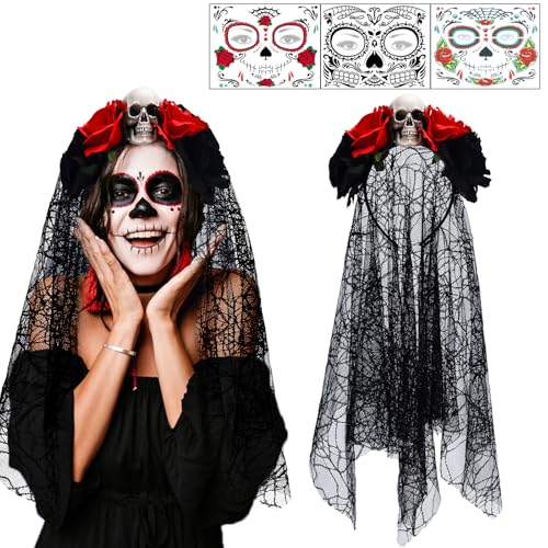 IWTBNOA Tag der Toten Haarreif Halloween, Schleier Haarband Mit 3 PCS Gesicht Tattoos, Mexikanische Rose Stirnband, Totenkopf, Day of The Dead für Damen IWTBNOA Tag der Toten Haarreif Halloween, Schleier Haarband Mit 3 PCS Gesicht Tattoos, Mexikanische Rose Stirnband, Totenkopf, Day of The Dead für Damen von IWTBNOA