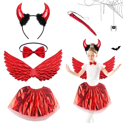 IWTBNOA Teufel Kostüm Mädchen, 5 STK Halloween Kostüm Teufel Rot mit Teufel Horn Haarreif, Schwanz, Rock, Fliege, Engelsflügel, Halloween Kostüm Kinder für Kostümparty Karneval Cosplay Party IWTBNOA Teufel Kostüm Mädchen, 5 STK Halloween Kostüm Teufel Rot mit Teufel Horn Haarreif, Schwanz, Rock, Fliege, Engelsflügel, Halloween Kostüm Kinder für Kostümparty Karneval Cosplay Party von IWTBNOA