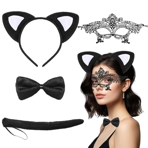 IWTBNOA Katzenohren Haarreif, 4 Stück Katzenkostüm Set mit Katzenohren Haarreif, Schwanz Fliege, Maske, Cosplay Set, Tierkleid, Mädchen Kätzchenkostüm für Party, Fasching Karneval Motto Party IWTBNOA Katzenohren Haarreif, 4 Stück Katzenkostüm Set mit Katzenohren Haarreif, Schwanz Fliege, Maske, Cosplay Set, Tierkleid, Mädchen Kätzchenkostüm für Party, Fasching Karneval Motto Party von IWTBNOA