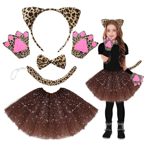 IWTBNOA Katze Kostüm Mädchen, 5 Stück Leoparden Kostüm Kinder, Katzen Cosplay Set, Leoparden Katzenohren Haarreif Schwanz Fliege Tutu Rock, Schwarz Katzenkostüm, Tierkostüm Set für Karneval Party von IWTBNOA