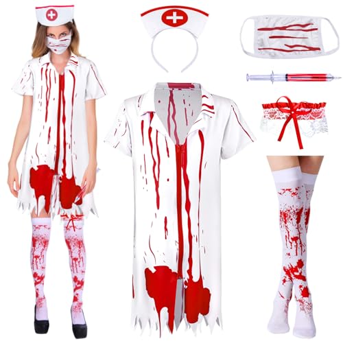 IWTBNOA Zombie Krankenschwester Kostüm, Halloween Kostüm Damen, Krankenschwester Zombie Set, Schaurige Krankenschwester Zombie, Blutige Krankenschwester Uniform, Halloween Karneval Fasching Zubehör IWTBNOA Zombie Krankenschwester Kostüm, Halloween Kostüm Damen, Krankenschwester Zombie Set, Schaurige Krankenschwester Zombie, Blutige Krankenschwester Uniform, Halloween Karneval Fasching Zubehör von IWTBNOA
