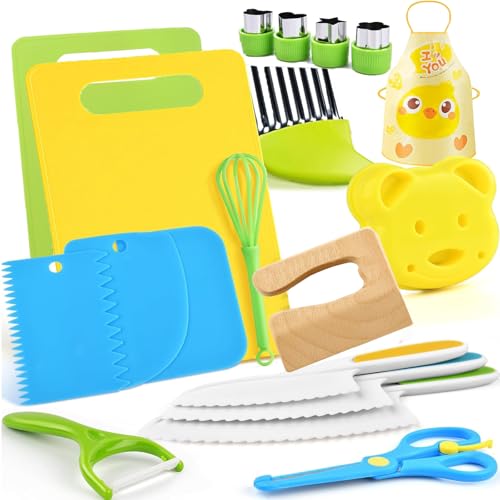 Kindermesser 19 Teiliges Kinder Sicherheit Kochmesser Küchenmesser Set, für Echtes Kochen mit Gemüse Ausstechformen, Holzmesser, Schneidebrett, Kochschürze, Geburtstagsgeschenk für Kinder ab 2 Jahren Kindermesser 19 Teiliges Kinder Sicherheit Kochmesser Küchenmesser Set, für Echtes Kochen mit Gemüse Ausstechformen, Holzmesser, Schneidebrett, Kochschürze, Geburtstagsgeschenk für Kinder ab 2 Jahren von IXOKEV