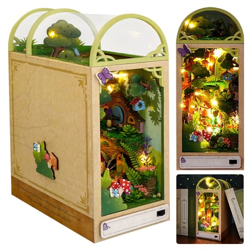 IXYHKB DIY Book Nook Kit, 3D Miniature House, Book Nook Miniatur Puppenhaus Kit, Bücherregaleinsatz Kit mit LED Light, Puppenhaus Miniatur für Erwachsene Geschenk Weihnachten Dekor (Wald Wunderland) von IXYHKB