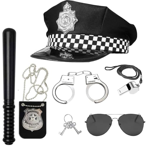 IXYHKB Polizei Kostüm Zubehör, 6 Stück Polizei Kostüm Set mit Polizeimütze, Handschellen, Abzeichen, Pfeife, Baton, Brille, Polizei Kostüm Kinder für Karneval, Cosplay, Party Kostüm IXYHKB Polizei Kostüm Zubehör, 6 Stück Polizei Kostüm Set mit Polizeimütze, Handschellen, Abzeichen, Pfeife, Baton, Brille, Polizei Kostüm Kinder für Karneval, Cosplay, Party Kostüm von IXYHKB