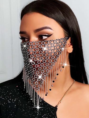 IYOU Bling Crystal Mesh Mask Schwarze Quaste Gesichtskette Maskerade Masken Kristall Anhänger Partys Ball Kostüme Bauchtanz Bühne Venezianische Karneval Kleid Masken Schmuck für Frauen und Mädchen von IYOU