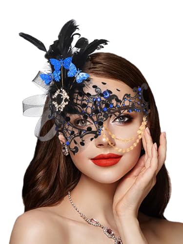 IYOU Damen Maskerade Maske Feder Maske Blau Fasching Masken Venezianischen Abschlussball Kostüm Bälle Metall Augenmaske für Frauen und Mädchen von IYOU