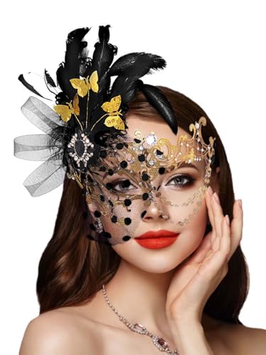 IYOU Damen Maskerade Maske Feder Maske Gold Karneval Masken Venezianischen Ball Kostüm Ball Metall Augenmaske für Frauen und Mädchen von IYOU