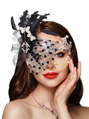 IYOU Damen Maskerade Maske Feder Maske Silber Karneval Masken Venezianischen Abschlussball Kostüm Ball Metall Augenmaske für Frauen und Mädchen von IYOU