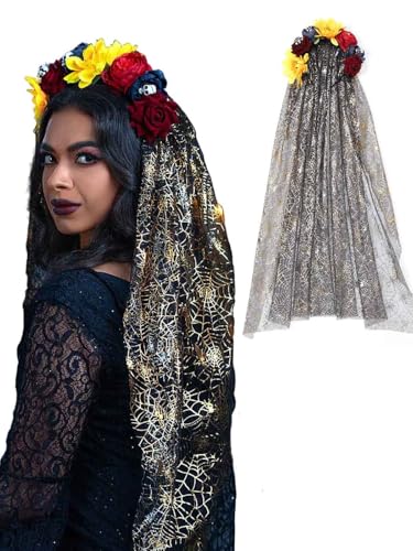 IYOU Frauen Halloween Schleier Stirnband Schwarz Gänseblümchen Blume Kopfbedeckung Floral Schädel Haarschmuck für Festival Karneval Party Tag der Toten IYOU Frauen Halloween Schleier Stirnband Schwarz Gänseblümchen Blume Kopfbedeckung Floral Schädel Haarschmuck für Festival Karneval Party Tag der Toten von IYOU