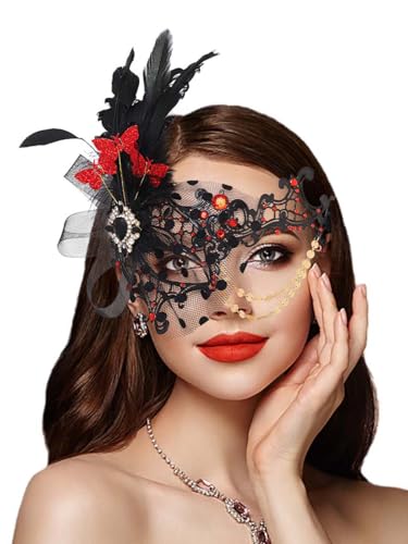 IYOU Frauen Maskerade Maske Feder Maske Rot Karneval Masken Venezianischen Abschlussball Kostüm Bälle Metall Augenmaske für Damen und Mädchen von IYOU