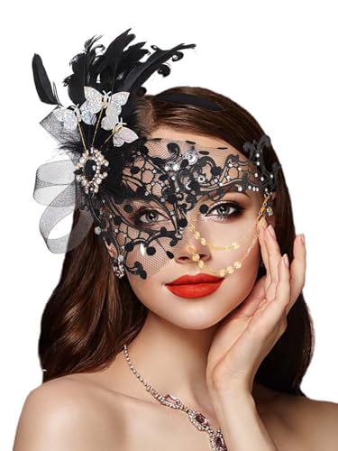 IYOU Frauen Maskerade Maske Feder Maske Schwarz Mardi Gras Masken Venezianischen Abschlussball Kostüm Ball Metall Augenmaske für Damen und Mädchen von IYOU