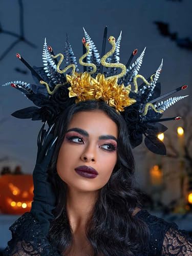 IYOU Halloween Halo Stirnband Schwarz Blume Haarbänder Pailletten Schlange Blatt Kopfbedeckung Krone Gothic Festival Cosplay Haarschmuck für Frauen und Mädchen von IYOU
