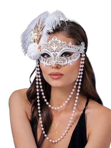 IYOU Maskerade Maske für Damen Weiß Maskerade Masken Feder Fasching Maske mit Perle Ketten Venezianischen Karneval Ball Abschlussball Party Gesicht Zubehör von IYOU