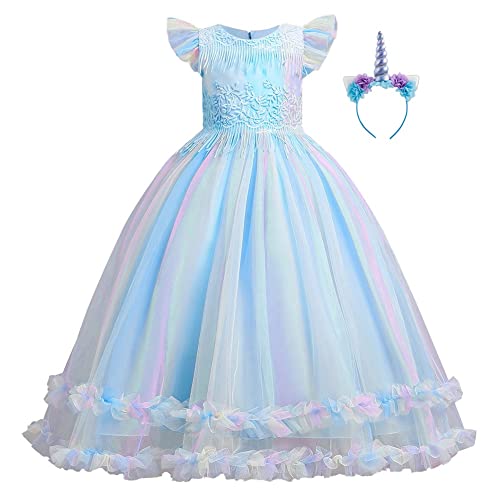 IZKIZF Einhorn Kostüm Mädchen Langes Tüll Kleid mit Stirnband für Geburtstagsfeier Halloween Cosplay Regenbogen Blau 12-13T IZKIZF Einhorn Kostüm Mädchen Langes Tüll Kleid mit Stirnband für Geburtstagsfeier Halloween Cosplay Regenbogen Blau 12-13T von IZKIZF