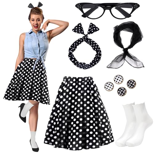 Ibeauti 50er Jahre Kostüme für Frauen Mädchen 1950er Jahre Pudelrock Outfits Set mit Katzenaugenbrille Chiffon Schal Bandana Krawatte Stirnband Ohrringe Socken (groß, Schwarz) von Ibeauti