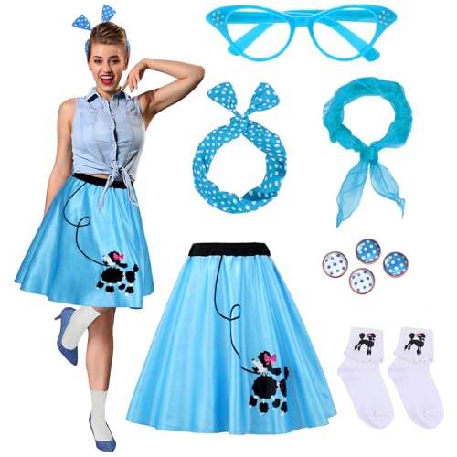 Ibeauti 50er Jahre Kostüme für Frauen Mädchen 1950er Jahre Pudelrock Outfits Set mit Katzenaugenbrille Chiffon Schal Bandana Krawatte Stirnband Ohrringe Socken (groß, blau) von Ibeauti