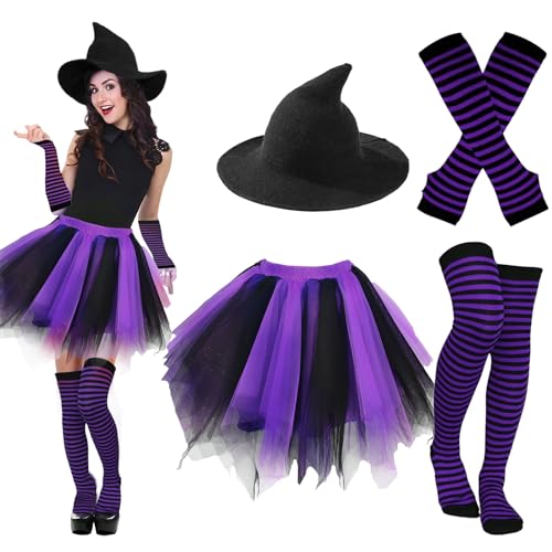 Ibeauti Halloween Hexenkostüme für Frauen Mädchen Gothic Cosplay Hexenhut Tutu Rock Gestreifte Kniestrümpfe Armstulpen Set (Schwarz Lila) von Ibeauti