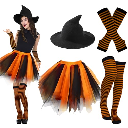 Ibeauti Halloween Hexenkostüme für Frauen Mädchen Gothic Cosplay Hexenhut Tutu Rock Gestreifte Kniestrümpfe Armstulpen Set (Schwarz Orange) von Ibeauti