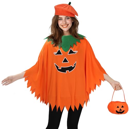 Ibeauti Halloween-Kürbis-Kostüm für Damen und Erwachsene, leuchtet im Dunkeln, Kürbis-Poncho mit Baskenmütze und Süßigkeitentasche, 3 Stück Ibeauti Halloween-Kürbis-Kostüm für Damen und Erwachsene, leuchtet im Dunkeln, Kürbis-Poncho mit Baskenmütze und Süßigkeitentasche, 3 Stück von Ibeauti