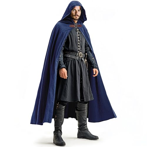 Ibeauti Renaissance-Umhang mit Kapuze, Leinen, Kapuzenumhang für Damen und Herren, Halloween, Mittelalter-Kostüm (blau) von Ibeauti