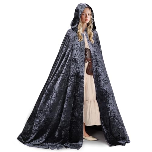 Ibeauti Samt-Umhang mit Kapuze für Damen, volle Länge, Halloween, Hexe, Vampir, Renaissance, Mittelalter-Kostüm, Umhang (grau) von Ibeauti