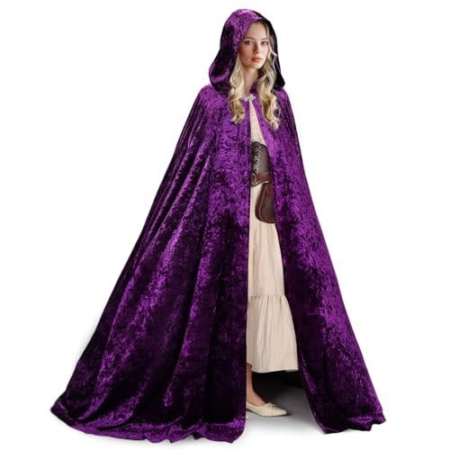 Ibeauti Samt-Umhang mit Kapuze für Damen, volle Länge, Halloween, Hexe, Vampir, Renaissance, Mittelalter-Kostüm, Umhang (lila) von Ibeauti